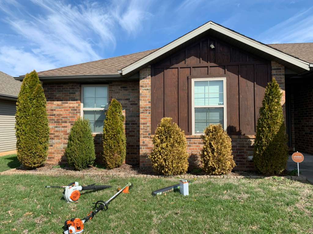 Front yard with shrubs and professional lawn equipment