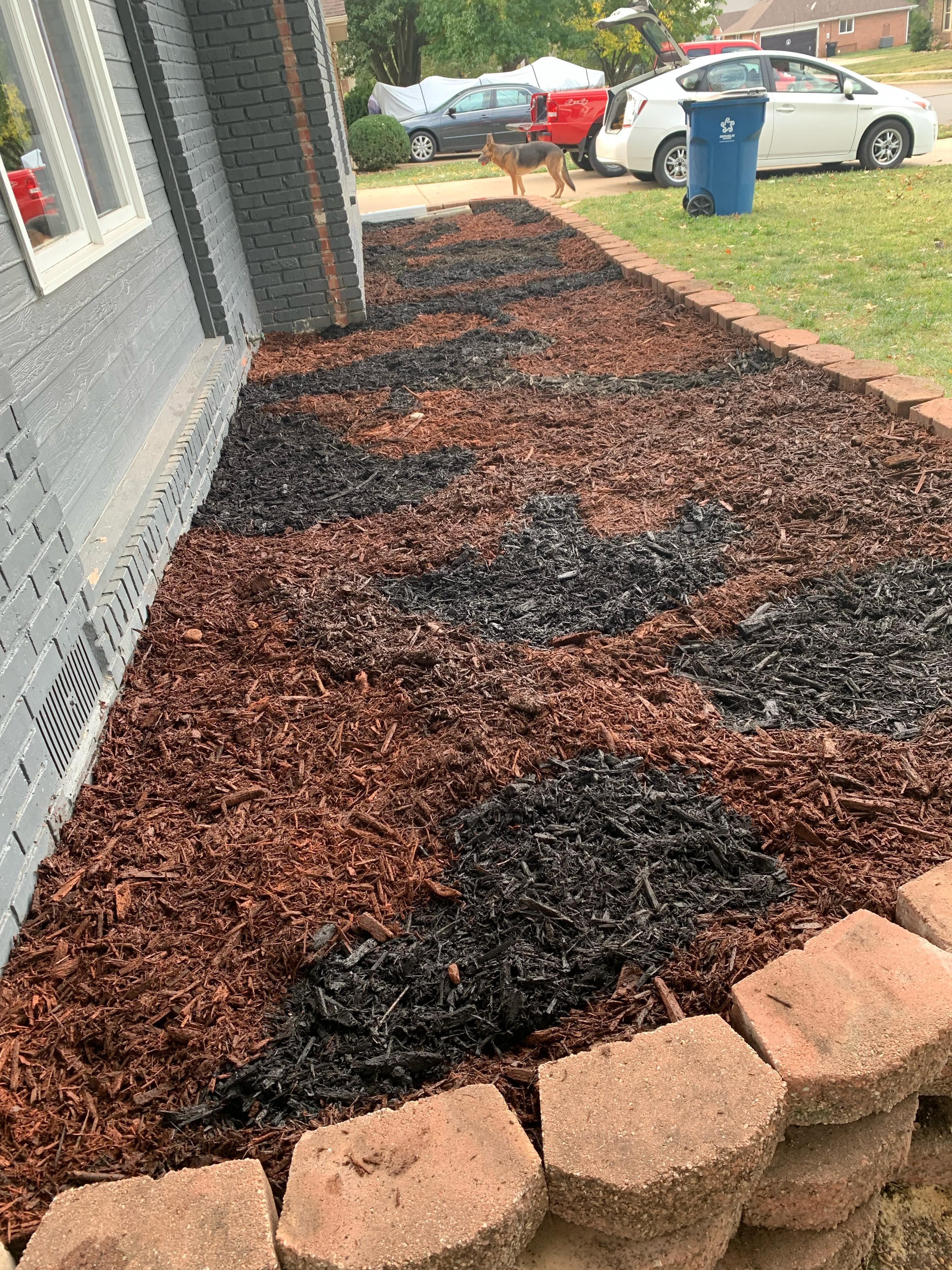 Two-tone red and black mulch installation with brick border